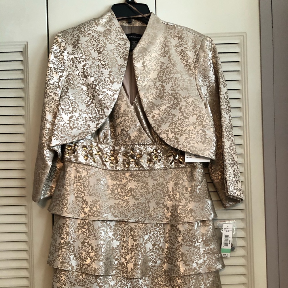 Beautiful NWT brocade jacket and gold layered dress with jeweled waist. Size 8.